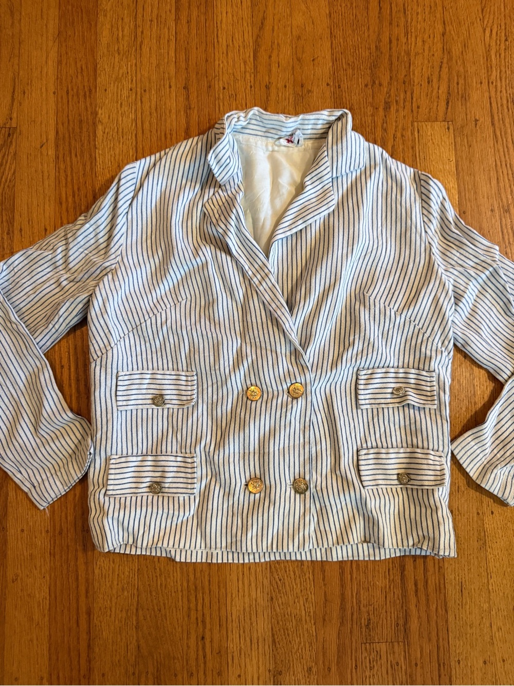 Vintage Blue and White Striped Double-Breasted Blazer